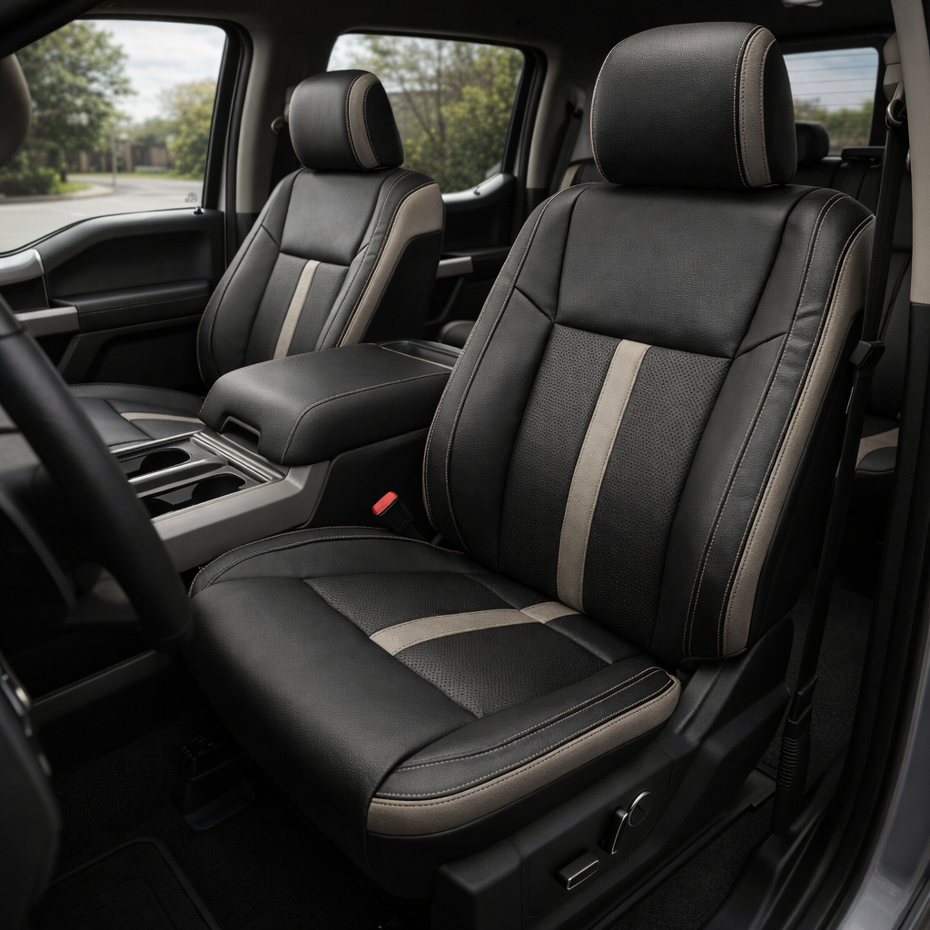  Front in-cabin view of a 2015–2019 Ford F-150 with an installed Leatherteck leather upholstery kit in black with Stone accent panels and perforated black inserts. The image shows the upgraded driver and passenger front bucket seats with headrests, black leather bolsters, perforated black center seat and backrest inserts, vertical Stone accent stripes, Stone side accent panels, contrast stitching, center console with armrest and cupholders, partial steering wheel, front door panel, seatbelt, and dark carpe