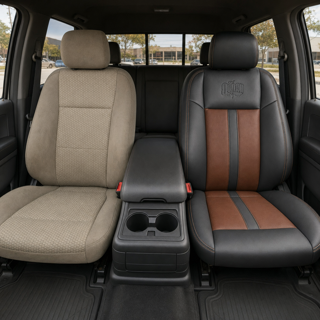 Before-and-after front in-cabin view of a 2015–2019 Ford F-150 showing a seat upholstery upgrade: the left front seat has the original factory beige cloth upholstery, while the right front seat features the upgraded Leatherteck leather seat kit in black with Western Floral Saddle inserts, Cognac contrast stitching, and a custom embroidered logo on the upper seatback.
