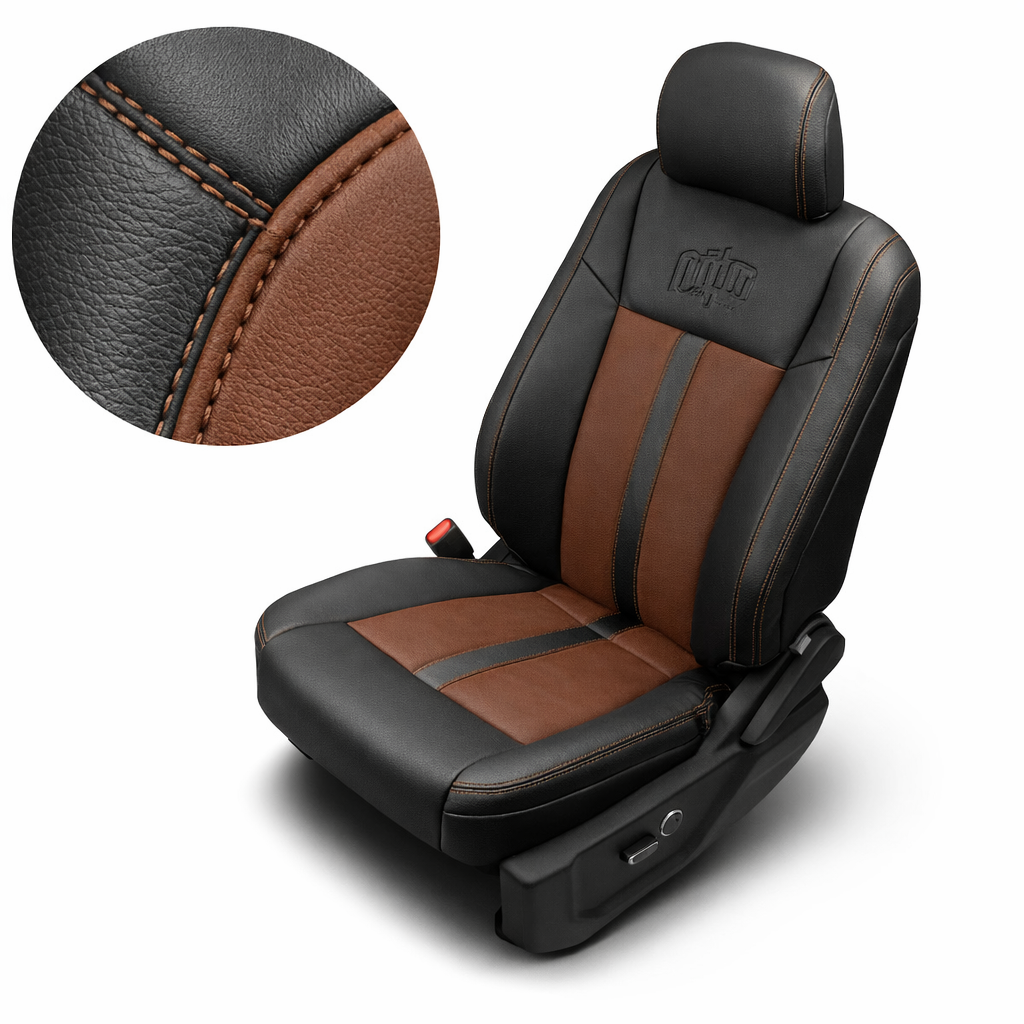 Close-up product image of a 2015–2019 Ford F-150 Leatherteck leather seat upholstery kit in black with Western Floral Saddle inserts, Cognac stitching, and a custom embroidered logo on the upper seatback. The seat is shown on a white background with a circular zoom inset highlighting the black leather grain, Saddle brown insert texture, and Cognac double-stitched seam detail. The full seat displays a matching black headrest, black leather bolsters, Saddle brown center panels on the backrest and seat cushio