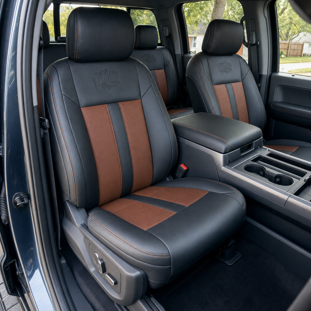 Front in-cabin view of a 2015–2019 Ford F-150 with an installed Leatherteck leather seat upholstery kit in black with Western Floral Saddle inserts, Cognac stitching, and a custom embroidered logo on the upper seatbacks. The image shows the upgraded driver and passenger front bucket seats with headrests, black leather bolsters, Saddle brown insert panels on the seatbacks and cushions, visible Cognac double-stitched seam detailing, matching rear seating, front center console with armrest and cupholders, doo