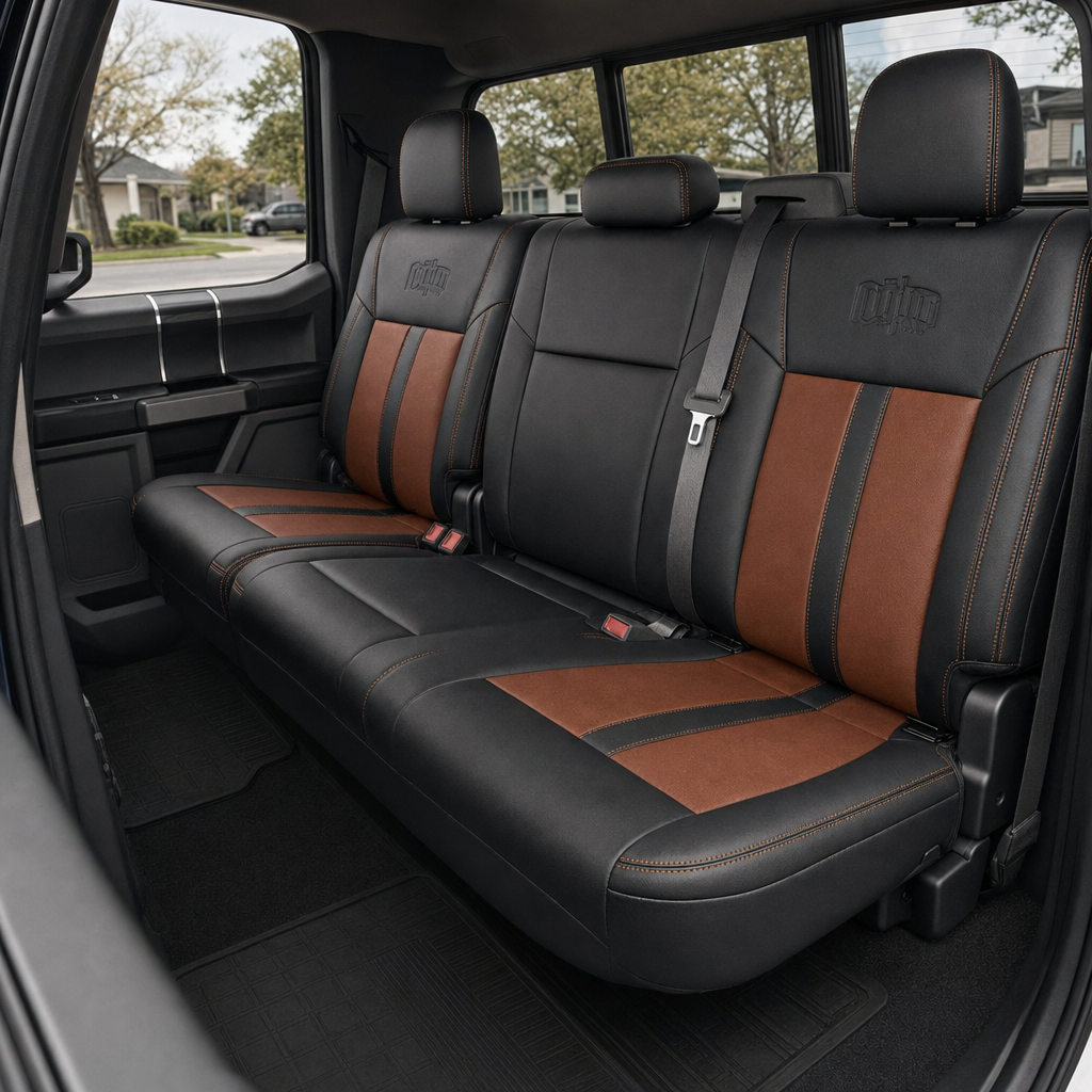 Rear in-cabin view of a 2015–2019 Ford F-150 with an installed Leatherteck leather seat upholstery kit in black with Western Floral Saddle inserts, Cognac stitching, and custom embroidered logos on the rear seatbacks. The image shows the upgraded rear bench seat with three headrests, black leather bolsters, Saddle brown insert panels on the outboard backrests and seat cushions, visible Cognac double-stitched seam detailing, seatbelts with red buckles, rear door panel, rear window, and black all-weather flo