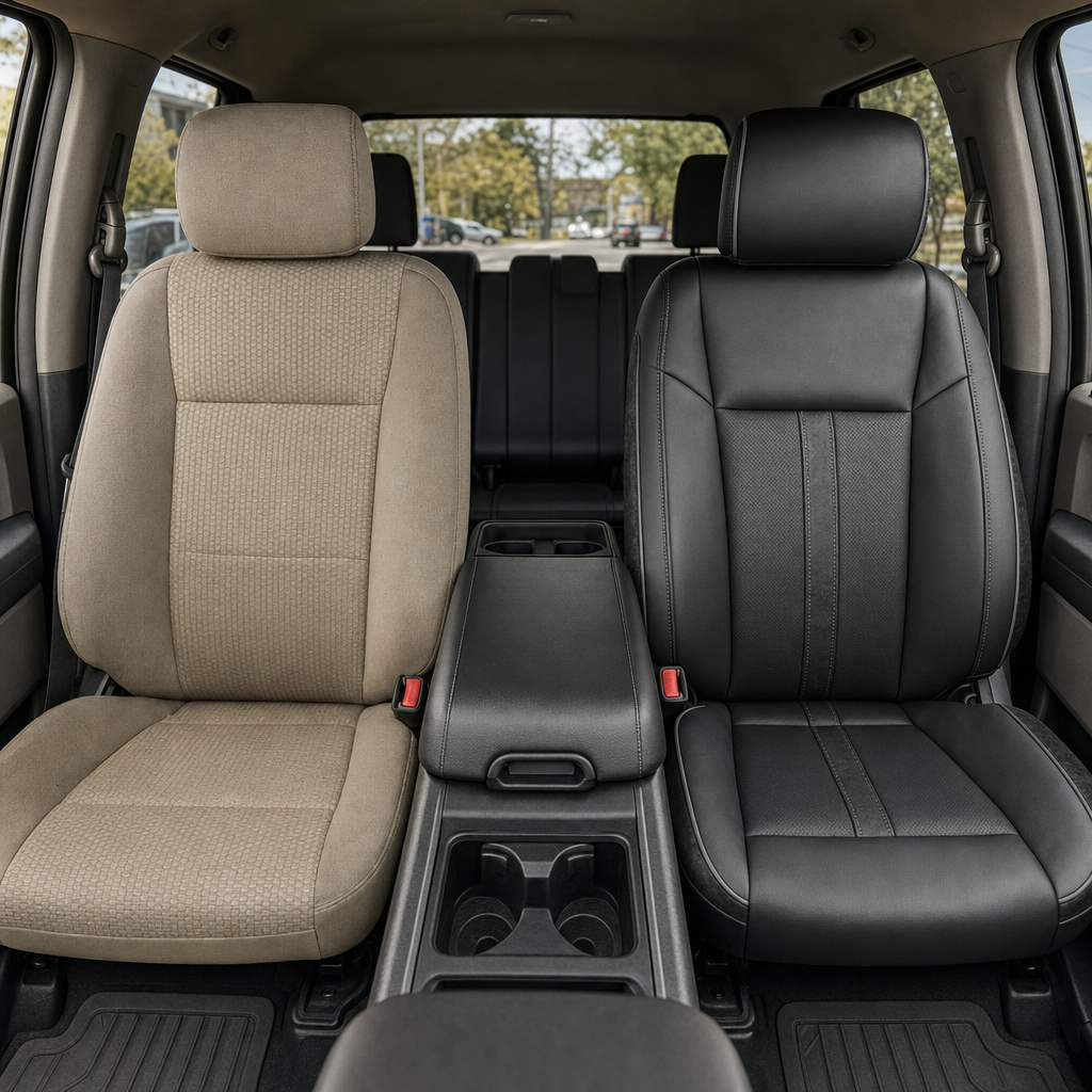 Before-and-after front in-cabin view of a 2015–2019 Ford F-150 showing a seat upholstery upgrade: the left front seat has the original factory beige cloth upholstery, while the right front seat features the upgraded Leatherteck leather seat kit in black with black inserts, Smoke piping, and Western Floral black panel accents.