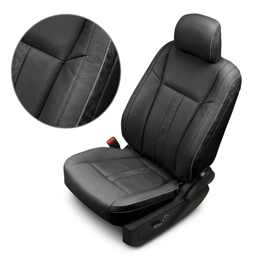 Close-up product image of a 2015–2019 Ford F-150 Leatherteck leather seat upholstery kit in black, featuring black insert panels, Smoke piping, and Western Floral black panel accents. The seat is shown on a white background with a circular zoom inset highlighting the black leather grain, perforated black insert texture, Smoke piping, contrast seam stitching, and Western Floral black accent panel detail. The full seat displays a matching black headrest, black leather bolsters, perforated black center panels