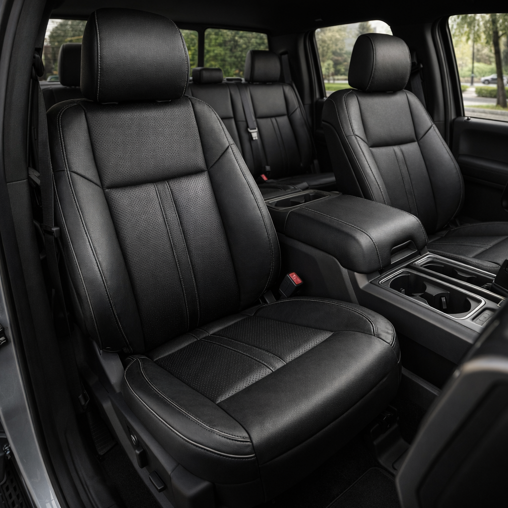 Front in-cabin view of a 2015–2019 Ford F-150 with an installed Leatherteck leather seat upholstery kit in black, featuring black insert panels, Smoke piping, and Western Floral black panel accents. The image shows the upgraded driver and passenger front bucket seats with matching black headrests, black leather bolsters, textured black center inserts on the seatbacks and cushions, visible Smoke seam piping and stitching detail, the matching rear bench seat, front center console with armrest and cupholders,