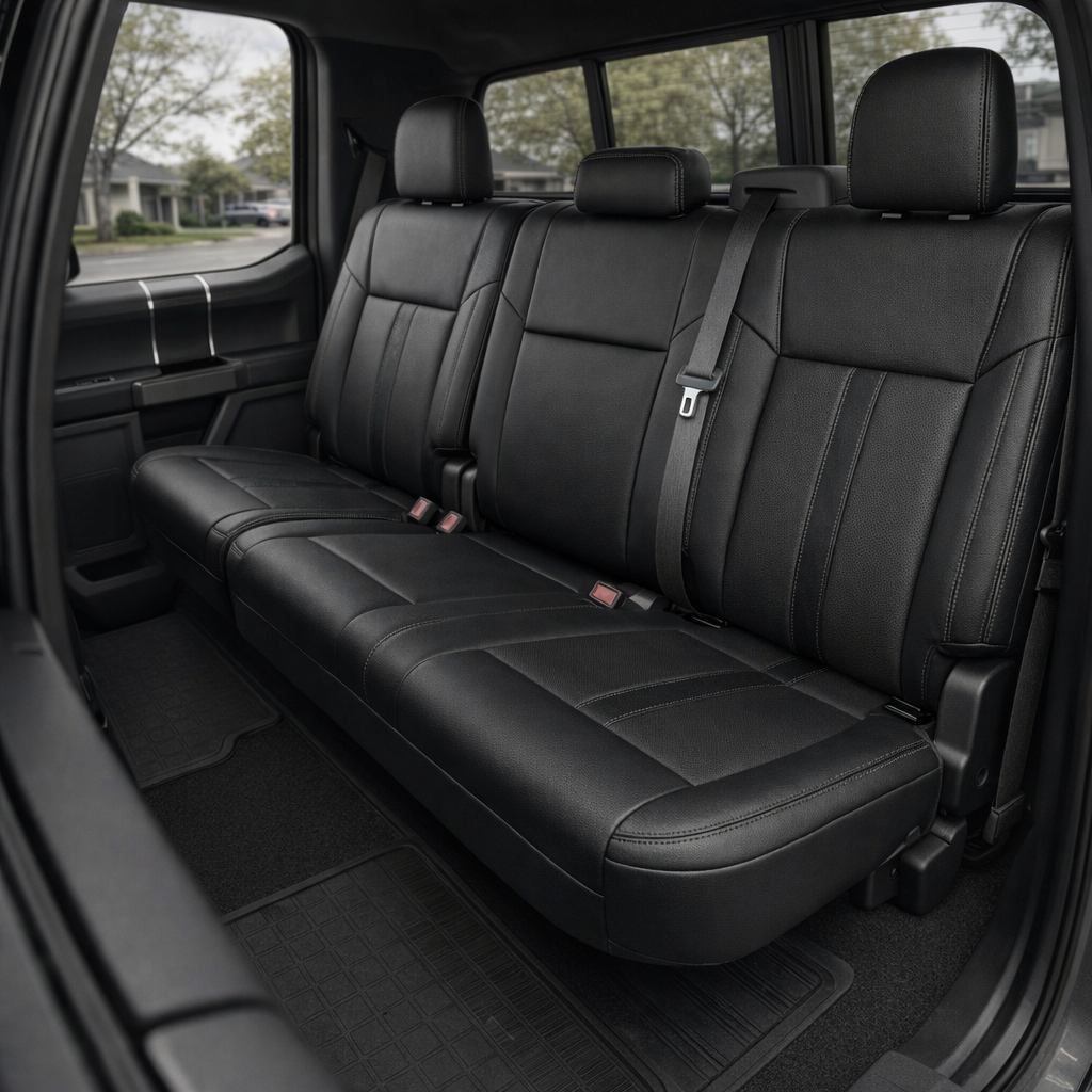 Rear in-cabin view of a 2015–2019 Ford F-150 with an installed Leatherteck leather seat upholstery kit in black, featuring black insert panels, Smoke piping, and Western Floral black panel accents. The image shows the upgraded rear bench seat with three black headrests, black leather bolsters, textured black center inserts on the seatbacks and cushions, visible Smoke seam piping and stitching detail, seatbelts with red buckles, rear door panel, rear window, dark carpeted floor, and black all-weather rear f