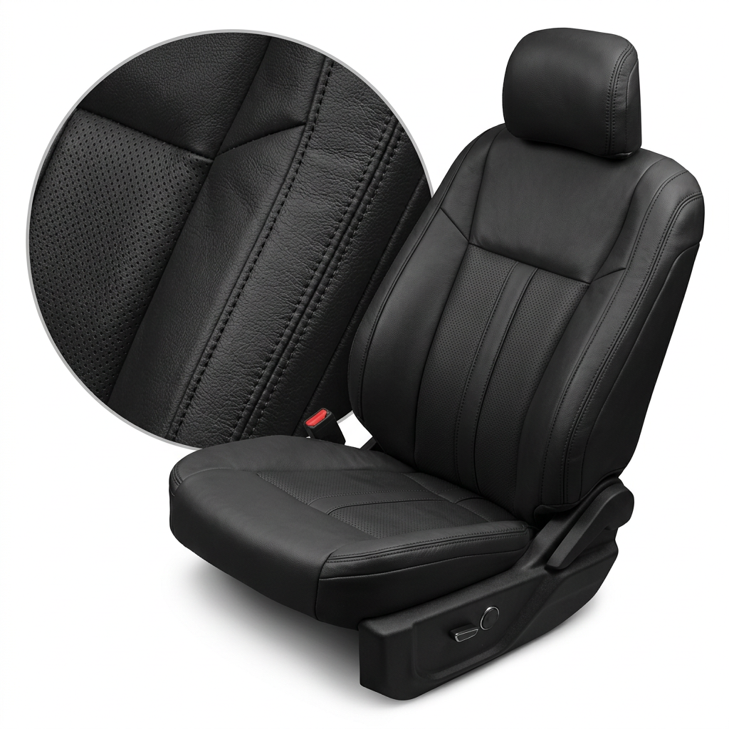  Close-up product image of a 2015–2019 Ford F-150 Leatherteck leather upholstery kit in black, featuring perforated black seat inserts and black double stitching. The seat is shown on a white background with a circular zoom inset highlighting the black perforated leather texture, smooth black leather grain, black-on-black double-stitched seam detail, center insert panels, side bolsters, headrest, and seat cushion stitching.


