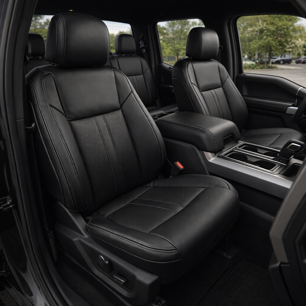 Front in-cabin view of a 2015–2019 Ford F-150 with an installed Leatherteck leather upholstery kit in black, featuring perforated black seat inserts and black double stitching. The image shows the upgraded driver and passenger front bucket seats with headrests, black leather bolsters, perforated center seat and backrest panels, subtle black-on-black stitched seam detail, center console with armrest, cupholders, gear shifter, front door panel, rear seat area, and dark carpeted floor inside the truck cabin.