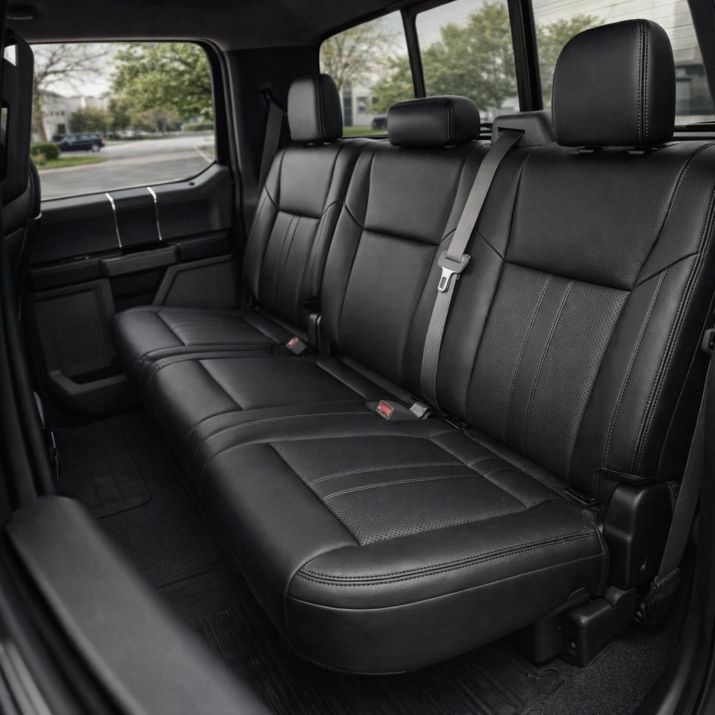Rear in-cabin view of a 2015–2019 Ford F-150 with an installed Leatherteck leather upholstery kit in black, featuring perforated black seat inserts and black double stitching. The image shows the upgraded rear bench seat with three headrests, black leather bolsters, perforated center seat and backrest panels, subtle black-on-black stitched seam detail, seatbelts and red seatbelt buckles, rear door panel, rear window, front seatback edge, and black all-weather floor mat inside the truck cabin.