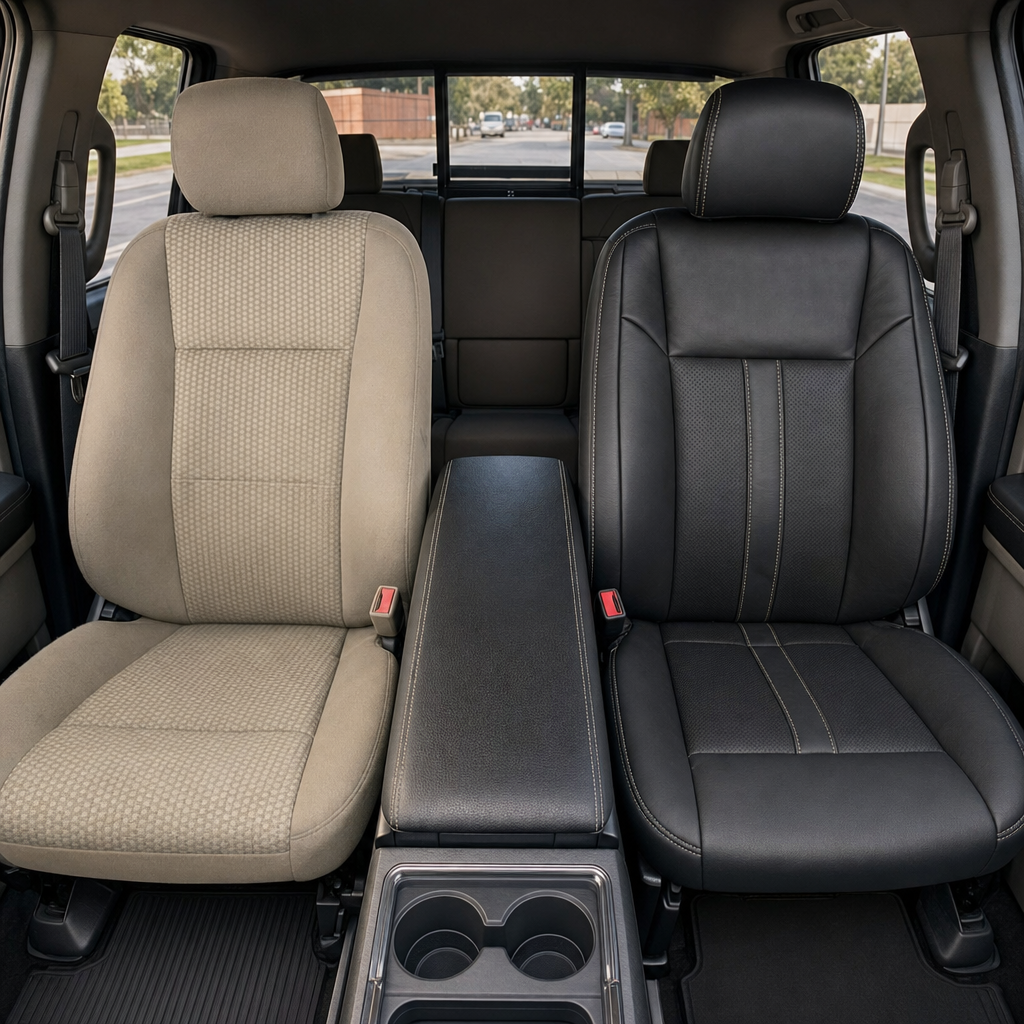  Before-and-after front in-cabin view of a 2015–2019 Ford F-150 showing a seat upholstery upgrade: the left front seat has the original factory beige cloth upholstery, while the right front seat features the upgraded Leatherteck leather seat kit in black with perforated black inserts and Stone contrast stitching.