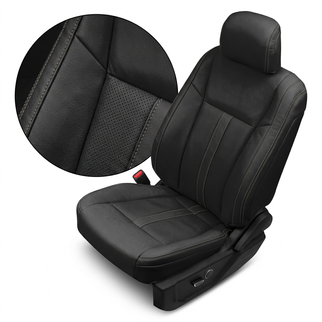  Close-up product image of a 2015–2019 Ford F-150 Leatherteck leather seat upholstery kit in black, featuring perforated black inserts and Stone contrast stitching. The seat is shown on a white background with a circular zoom inset highlighting the black leather grain, perforated insert texture, and Stone double-stitched seam detail. The full seat displays a matching black headrest, smooth black bolsters, perforated black center panels on the backrest and seat cushion, visible contrast stitching along the 