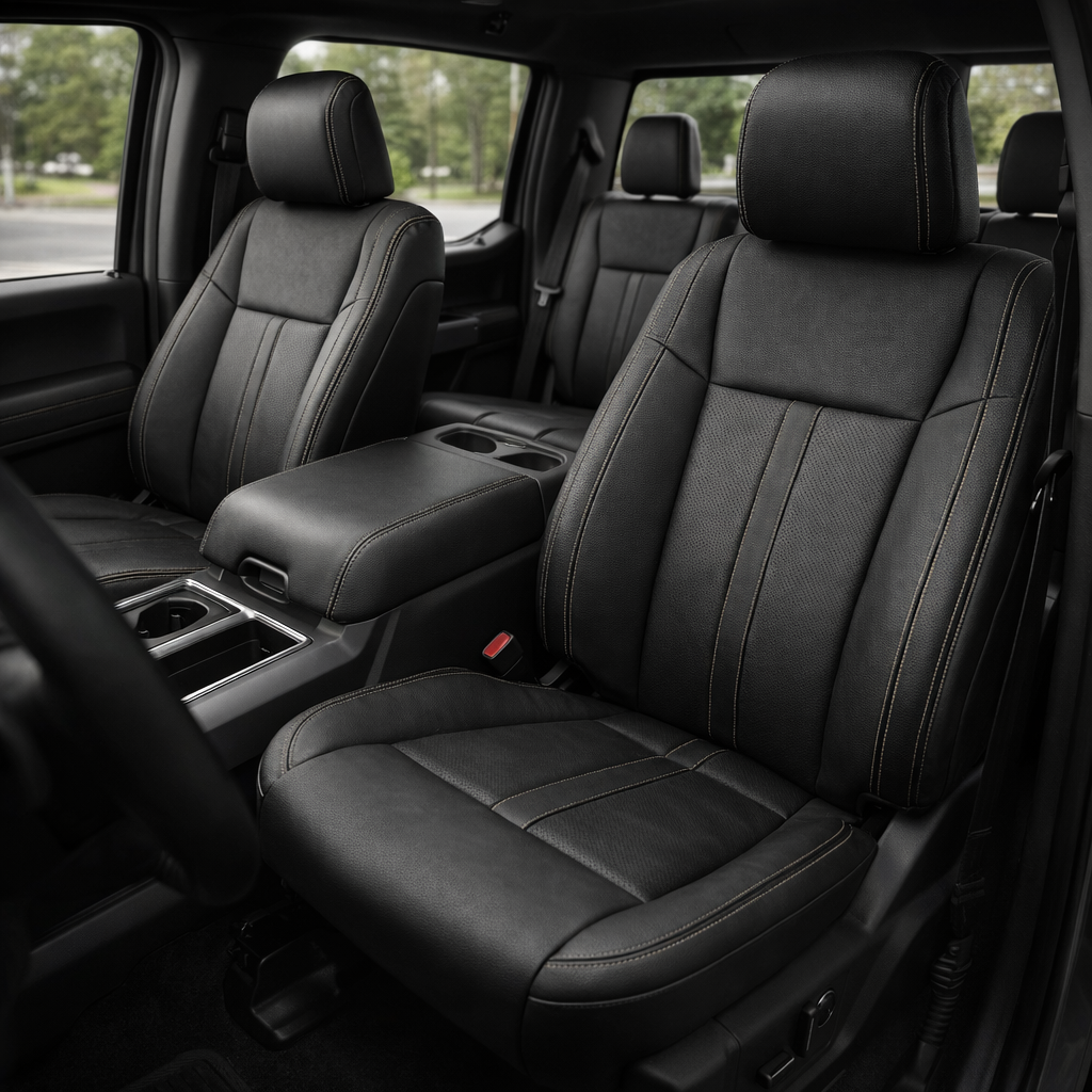 Front in-cabin view of a 2015–2019 Ford F-150 with an installed Leatherteck leather seat upholstery kit in black, featuring perforated black inserts and Stone contrast stitching. The image shows the upgraded driver and passenger front bucket seats with headrests, black leather bolsters, perforated black center panels on the seatbacks and cushions, visible Stone double-stitched seam detailing, front center console with armrest and cupholders, rear seating area, door panel, seatbelt buckle, and dark interior