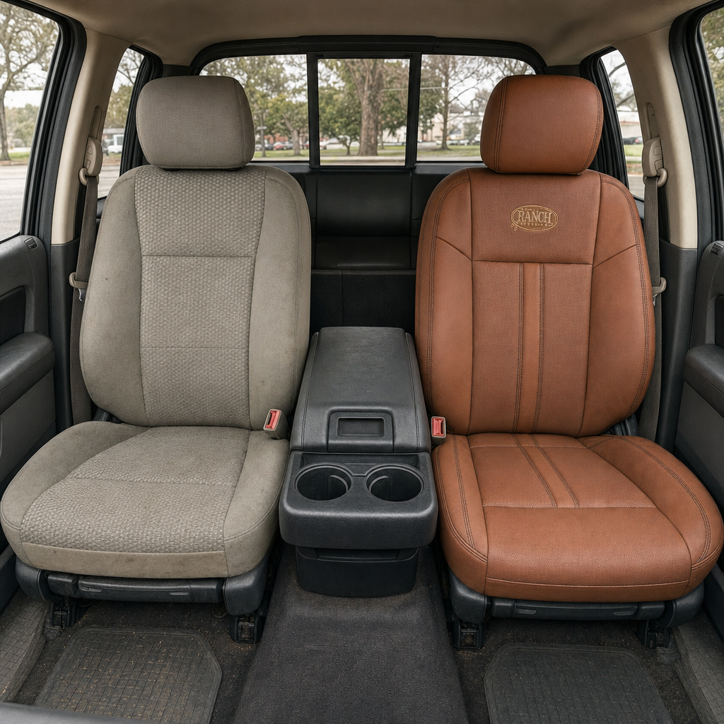 Before-and-after front in-cabin view of a 2015–2019 Ford F-150 showing a seat upholstery upgrade: the left front seat has the original factory beige cloth upholstery, while the right front seat features the upgraded Leatherteck leather seat kit in Bourbon with perforated inserts, black double stitching, and a custom embroidered logo on the upper seatback.