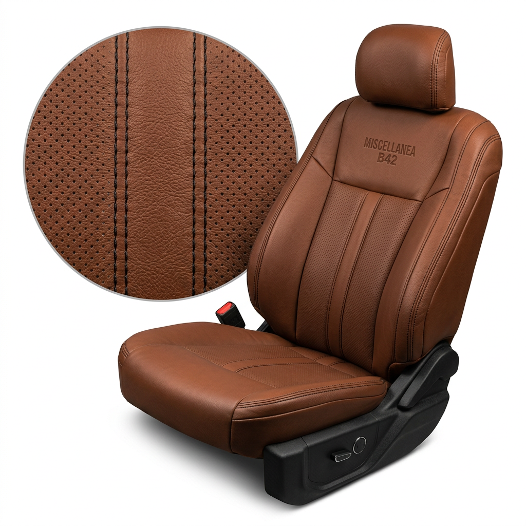  Close-up product image of a 2015–2019 Ford F-150 Leatherteck leather seat upholstery kit in Bourbon, featuring perforated inserts, black double stitching, and a custom embroidered logo on the upper seatback. The seat is shown on a white background with a circular zoom inset highlighting the Bourbon leather grain, perforated insert texture, and black double-stitched seam detail. The full seat displays a matching Bourbon headrest, smooth leather bolsters, perforated center panels on the backrest and seat cu