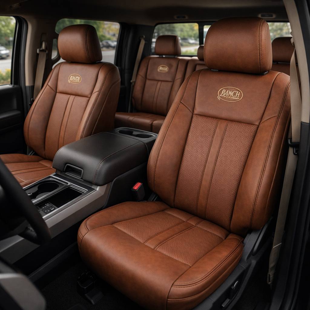  Front in-cabin view of a 2015–2019 Ford F-150 with an installed Leatherteck leather seat upholstery kit in Bourbon, featuring perforated inserts, black double stitching, and custom embroidered logos on the upper seatbacks. The image shows the upgraded driver and passenger front bucket seats with matching headrests, Bourbon leather bolsters, perforated center panels on the seatbacks and cushions, visible black double-stitched seam detailing, the matching rear bench seat, center console with armrest and cup