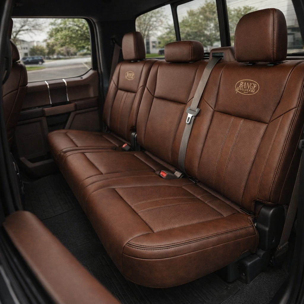 Rear in-cabin view of a 2015–2019 Ford F-150 with an installed Leatherteck leather seat upholstery kit in Bourbon, featuring perforated inserts, black double stitching, and custom embroidered logos on the rear seatbacks. The image shows the upgraded rear bench seat with three headrests, Bourbon leather bolsters, perforated center panels on the seatbacks and seat cushions, visible black double-stitched seam detailing, gray seatbelts with red buckles, rear door panel, rear window, front seatback edge, and bl