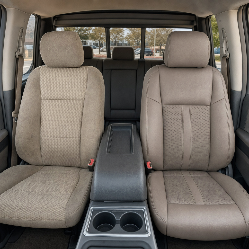 Before-and-after front in-cabin view of a 2015–2019 Ford F-150 showing an upholstery upgrade: the left front seat has the original factory Stone cloth upholstery, while the right front seat features the upgraded Leatherteck leather kit in Stone with perforated Stone inserts and Stone double stitching. The image also shows the front center console with armrest and cupholders, rear bench seat with headrests, seatbelt buckles, rear window, door pillars, and dark carpeted floor inside the truck cabin.