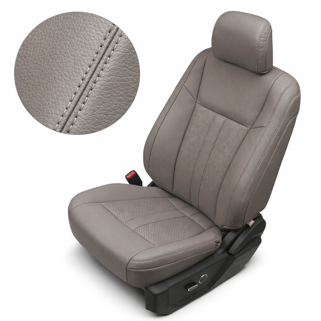 Close-up product image of a 2015–2019 Ford F-150 Leatherteck leather upholstery kit in Stone, featuring perforated Stone seat inserts and Stone double stitching. The seat is shown on a white background with a circular zoom inset highlighting the Stone leather grain, matching Stone double-stitched seam detail, perforated center insert panels, smooth side bolsters, headrest, seat cushion stitching, and black power seat base.