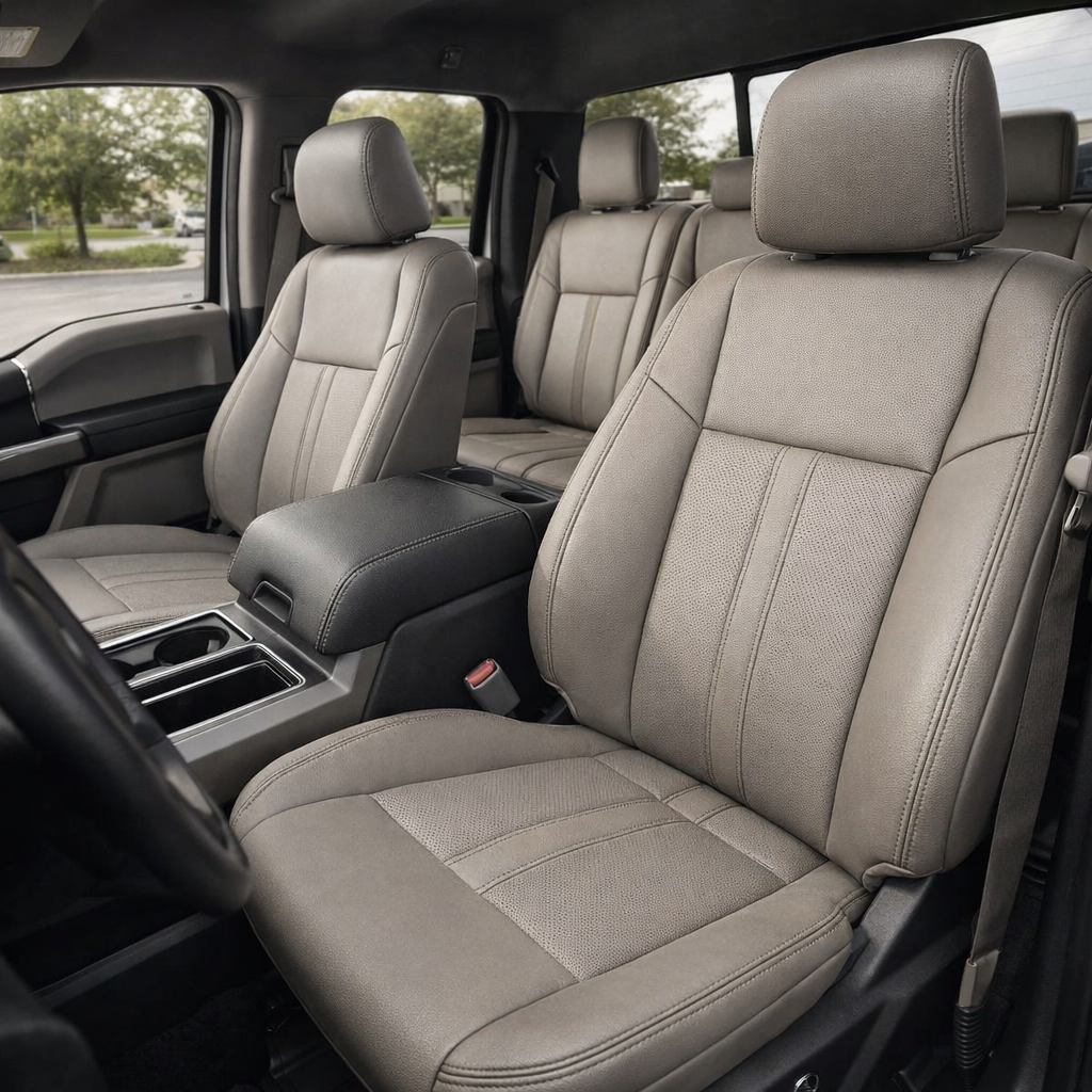 Front in-cabin view of a 2015–2019 Ford F-150 with an installed Leatherteck leather upholstery kit in Stone, featuring perforated Stone seat inserts and Stone double stitching. The image shows the upgraded driver and passenger front bucket seats with headrests, matching rear bench seat, perforated center seat and backrest panels, smooth Stone leather bolsters, stitched seam details, center console with armrest and cupholders, partial steering wheel, door panel, seatbelt, rear window, and dark interior trim