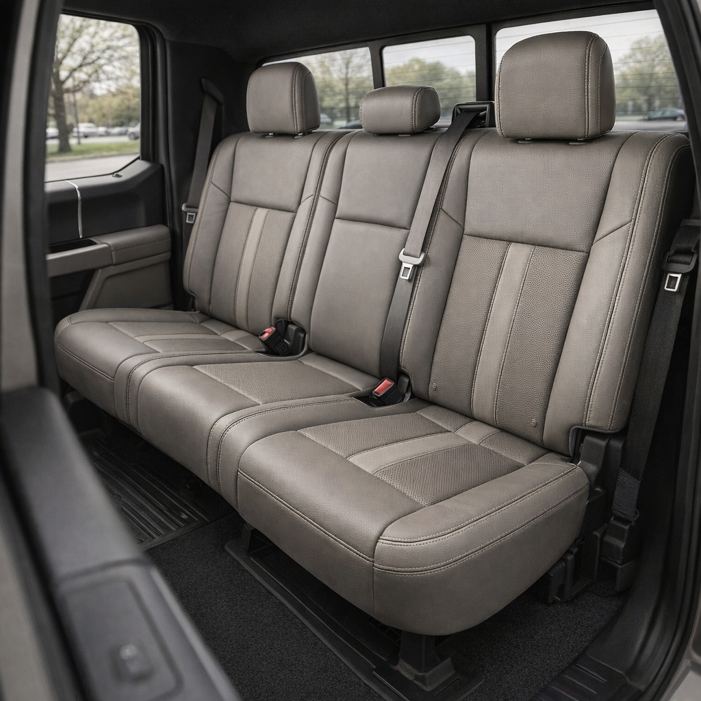 Rear in-cabin view of a 2015–2019 Ford F-150 with an installed Leatherteck leather seat upholstery kit in Stone featuring perforated Stone inserts and Stone double stitching. The image shows the upgraded rear bench seat with three headrests, Stone leather seat cushions and backrests, perforated center insert panels, visible double-stitched seam detailing, seatbelts with red buckles, rear window, door panel, and black floor mat/liner inside the truck cabin.

