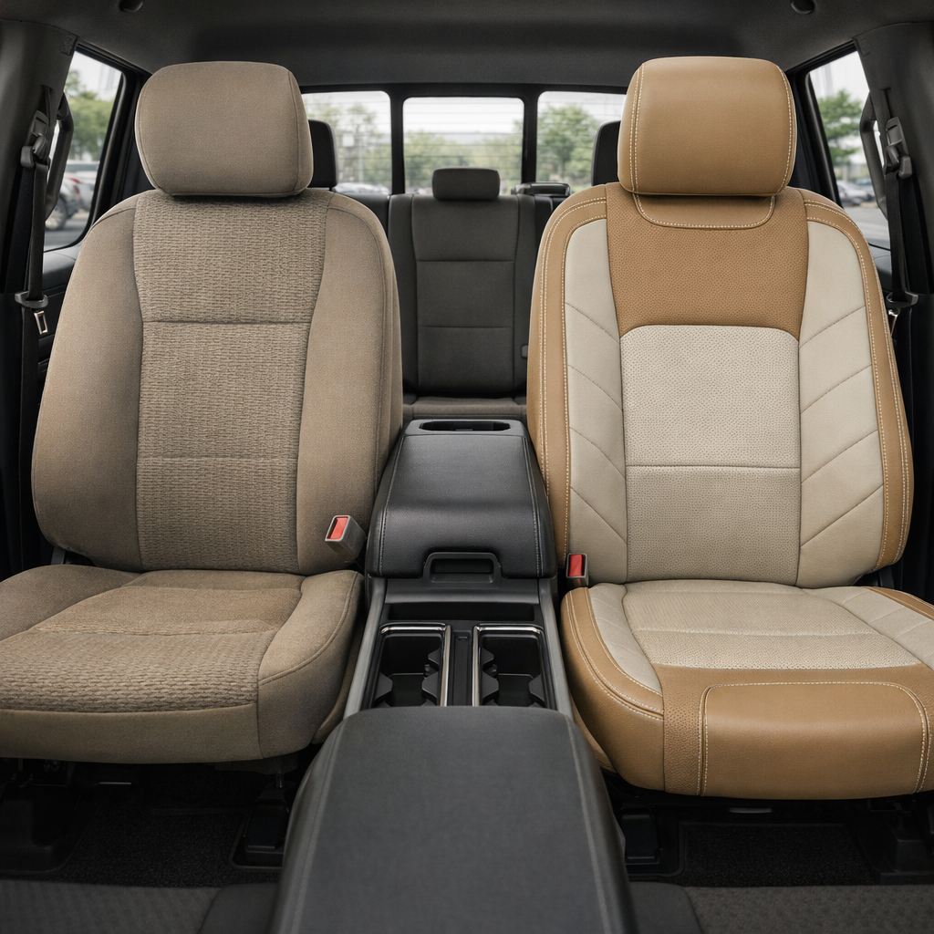 Before-and-after front in-cabin view of a 2015–2020 Ford F-150 XLT SuperCrew split side-by-side: the left front seat shows the factory tan cloth upholstery, while the right front seat shows the upgraded Leatherteck leather kit in Bisque Beige and Alabaster with perforated center inserts, contrast stitching, and two-tone panel detailing, with the center console, cupholders, rear bench seat, headrests, seatbelt buckles, rear window, and black floor mats visible.