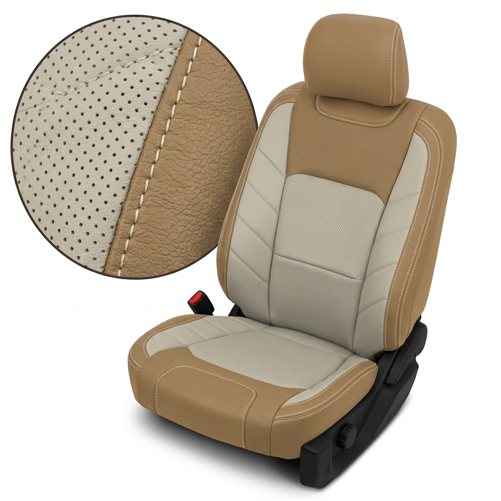  Close-up product image of a 2015–2020 Ford F-150 XLT SuperCrew Leatherteck leather kit in Bisque Beige and Alabaster, featuring perforated center inserts, two-tone seat panels, contrast stitching, and stitched side accents, shown on a white background with a circular zoom inset highlighting the leather grain, perforation pattern, and double-stitched seam detail.