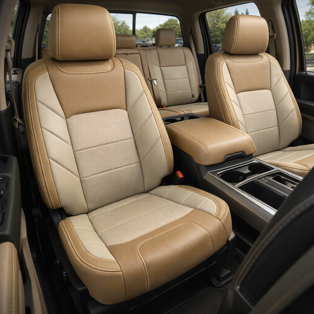 Front in-cabin view of a 2015–2020 Ford F-150 XLT SuperCrew with an installed Leatherteck leather kit in Bisque Beige and Alabaster, featuring perforated center inserts, two-tone seat panels, contrast stitching, and matching headrests, showing the front bucket seats, rear bench seat, center console armrest, cupholders, door panels, seatbelt buckles, and black floor mats visible.