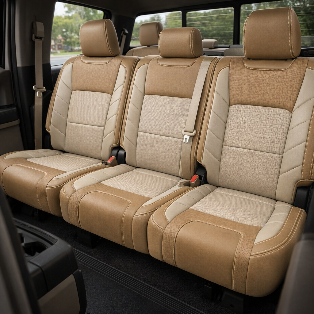  Rear in-cabin view of a 2015–2020 Ford F-150 XLT SuperCrew with an installed Leatherteck leather kit in Bisque Beige and Alabaster, featuring perforated center inserts, two-tone rear bench seat panels, contrast stitching, and matching headrests, with seatbelts and buckles, rear window, door panel, front console edge, and black floor mat visible.