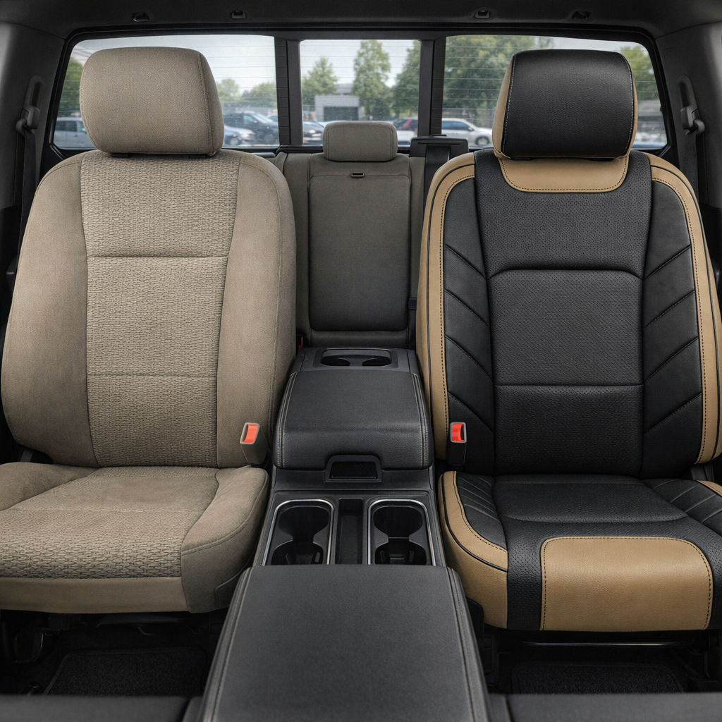 Before-and-after front in-cabin view of a 2015–2020 Ford F-150 XLT SuperCrew showing the upholstery upgrade from factory beige cloth seats on the left to a Leatherteck leather kit on the right.
The upgraded seat features Bisque Beige and black leather, black two-tone center inserts, Bisque Beige accent bolsters, detailed contrast stitching, and a matching black headrest, with the center console, cupholders, rear bench seat, and rear window visible inside the truck cabin.