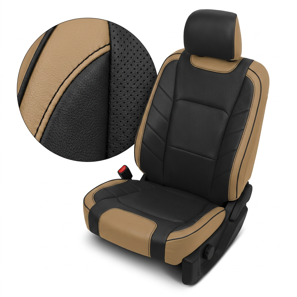 Close-up product image of a 2015–2020 Ford F-150 XLT SuperCrew Leatherteck leather kit featuring Bisque Beige and black two-tone leather, black perforated center inserts, Bisque Beige outer bolsters, and black stitched seam accents.