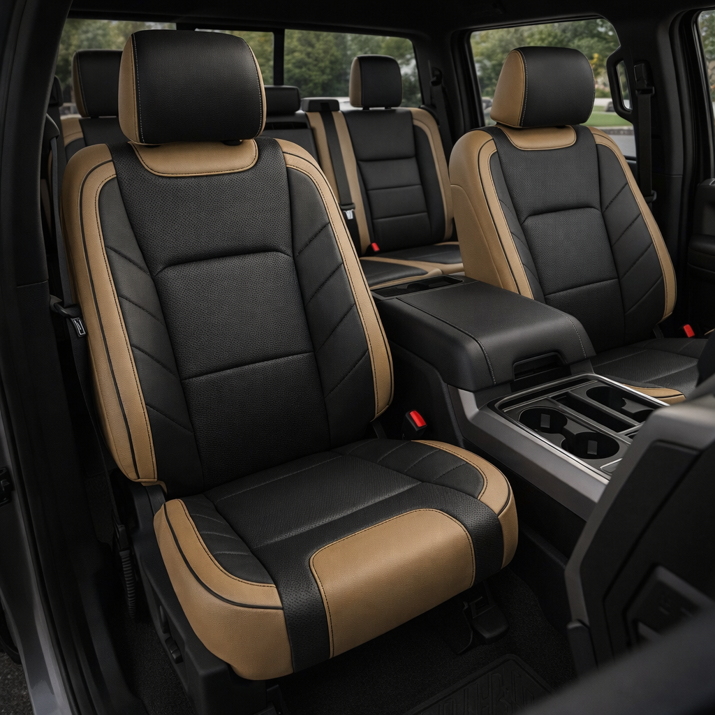 Front in-cabin view of a 2015–2020 Ford F-150 XLT SuperCrew with an installed Leatherteck leather upholstery kit featuring Bisque Beige and black leather, black two-tone center inserts, Bisque Beige accent bolsters, and detailed contrast stitching.