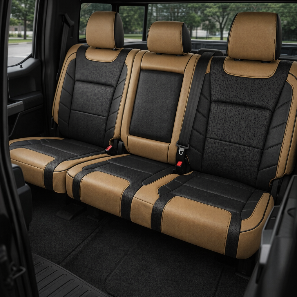  Rear in-cabin view of a 2015–2020 Ford F-150 XLT SuperCrew with an installed Leatherteck leather kit featuring Bisque Beige and black two-tone leather, black perforated seat inserts, Bisque Beige bolsters and headrest panels, and black stitched seam accents. The image shows the upgraded rear bench seat with three headrests, visible seatbelts and buckles, rear door panel, rear window, and black carpeted floor area inside the truck cabin.

