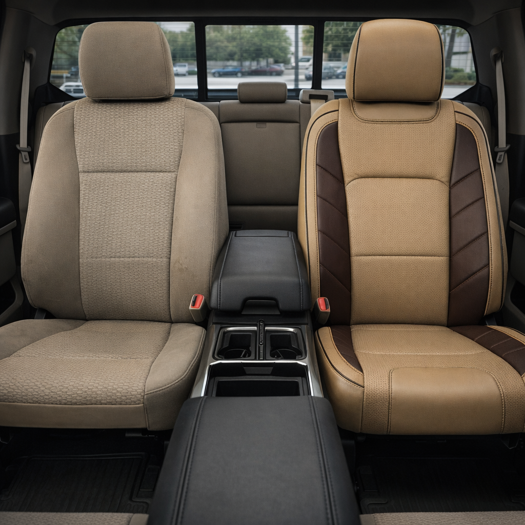 Before-and-after front in-cabin view of a 2015–2020 Ford F-150 XLT SuperCrew showing the upgrade from factory beige cloth upholstery on the left front seat to a Leatherteck leather kit on the right front seat. The upgraded seat features Bisque Beige leather, Coffee Brown accent panels, perforated Bisque Beige center inserts, matching Bisque Beige headrest, and detailed contrast stitching, with the center console, cupholders, rear bench seat, rear window, seatbelts, and black floor mats visible inside the t