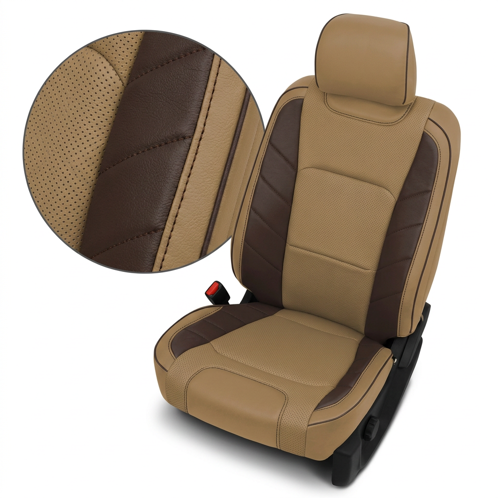  Close-up product image of a 2015–2020 Ford F-150 XLT SuperCrew Leatherteck leather kit featuring Bisque Beige leather, Coffee Brown accent panels, perforated Bisque Beige center inserts, and detailed contrast stitching.
The seat is shown on a white background with a circular zoom inset highlighting the Bisque Beige perforation pattern, Coffee Brown leather grain, stitched seam detail, and two-tone panel construction.