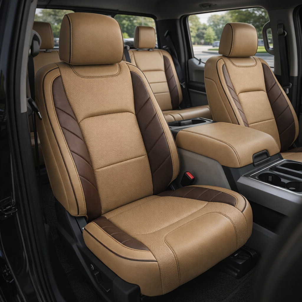 Front in-cabin view of a 2015–2020 Ford F-150 XLT SuperCrew with an installed Leatherteck leather kit featuring Bisque Beige leather, Coffee Brown accent panels, perforated Bisque Beige center inserts, and detailed contrast stitching. The image shows the upgraded driver and passenger bucket seats with headrests, matching rear bench seat, center console armrest, cupholders, door trim, seatbelts, and black floor area inside the truck cabin.