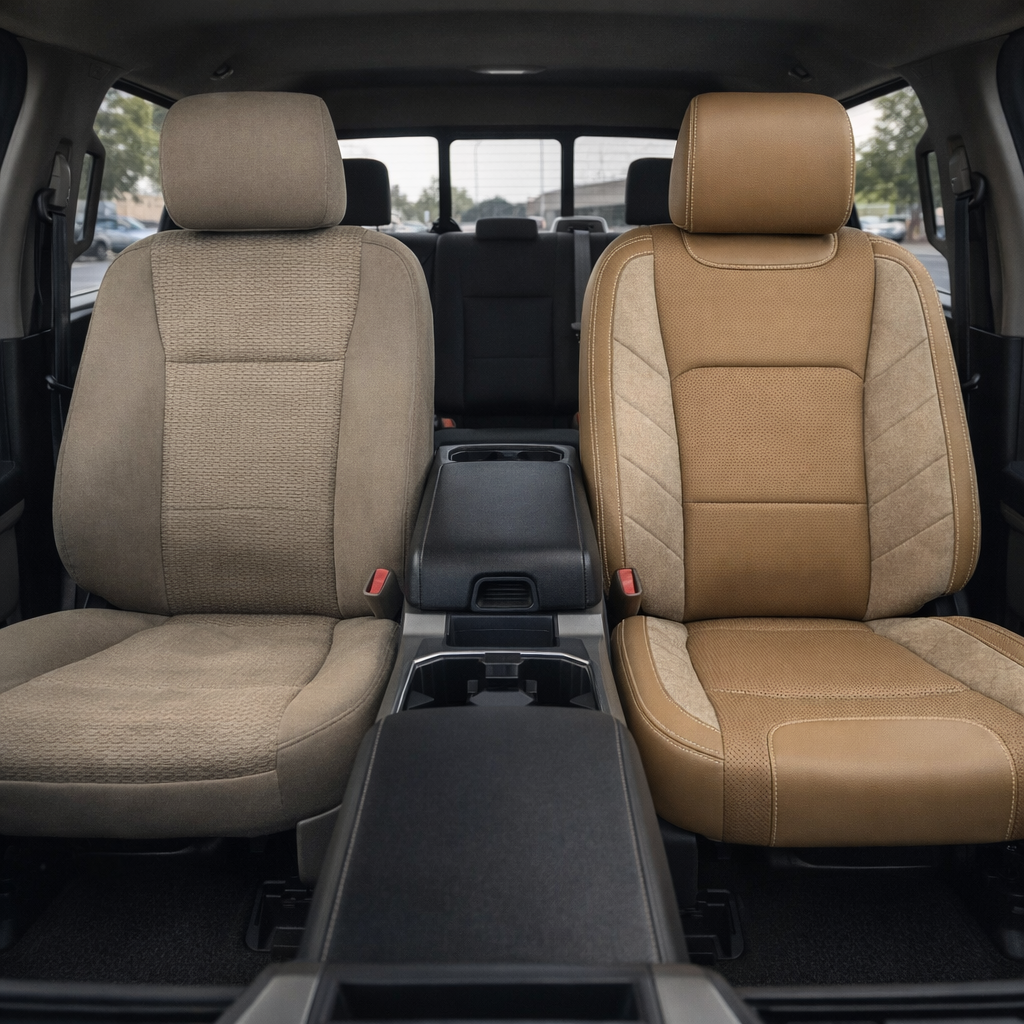 Before-and-after front in-cabin view of a 2015–2020 Ford F-150 XLT SuperCrew showing the interior upholstery upgrade: the left front seat has the original beige cloth upholstery, while the right front seat features the installed Leatherteck leather kit in Bisque Beige with Sandalwood suede accent panels and Bone stitching. The image also shows the front center console with armrest and cupholders, rear bench seat, headrests, seatbelt buckles, rear window, and black floor area inside the truck cabin.