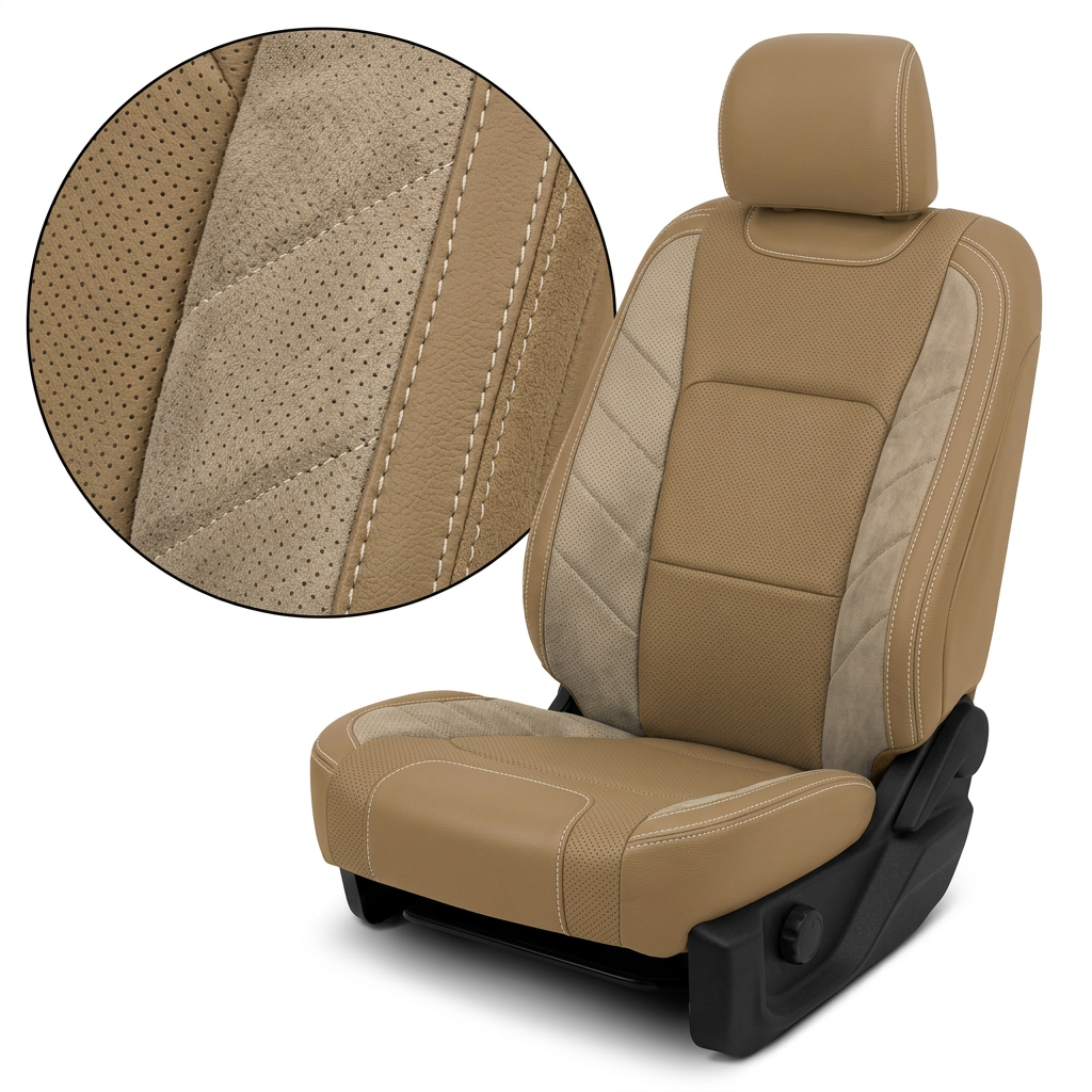 Close-up product image of a 2015–2020 Ford F-150 XLT SuperCrew Leatherteck leather kit in Bisque Beige with Sandalwood suede accent panels and Bone stitching. The seat is shown on a white background with a circular zoom inset highlighting the perforated Bisque Beige leather, Sandalwood suede texture, stitched seam detail, and two-tone panel transition.