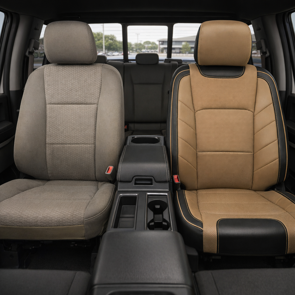  Before-and-after front in-cabin view of a 2015–2020 Ford F-150 XLT SuperCrew split by seats: the left front seat shows the factory beige cloth upholstery, while the right front seat shows the upgraded Leatherteck leather kit in Black and Bisque Beige with two-tone inserts, Bisque Beige perforated center panels, black accent panels, and detailed contrast stitching.