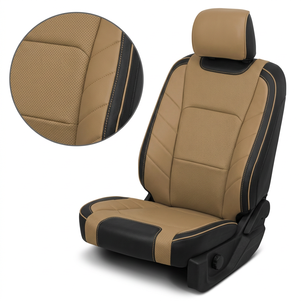  Close-up product image of a 2015–2020 Ford F-150 XLT SuperCrew Leatherteck leather kit featuring Black and Bisque Beige two-tone upholstery, Bisque Beige perforated center inserts, black accent panels, Bisque Beige piping, and detailed contrast stitching.
The seat is shown on a white background with a circular zoom inset highlighting the Bisque Beige leather grain, perforation pattern, black side accent panel, stitched seam detail, and piping along the seat edge.