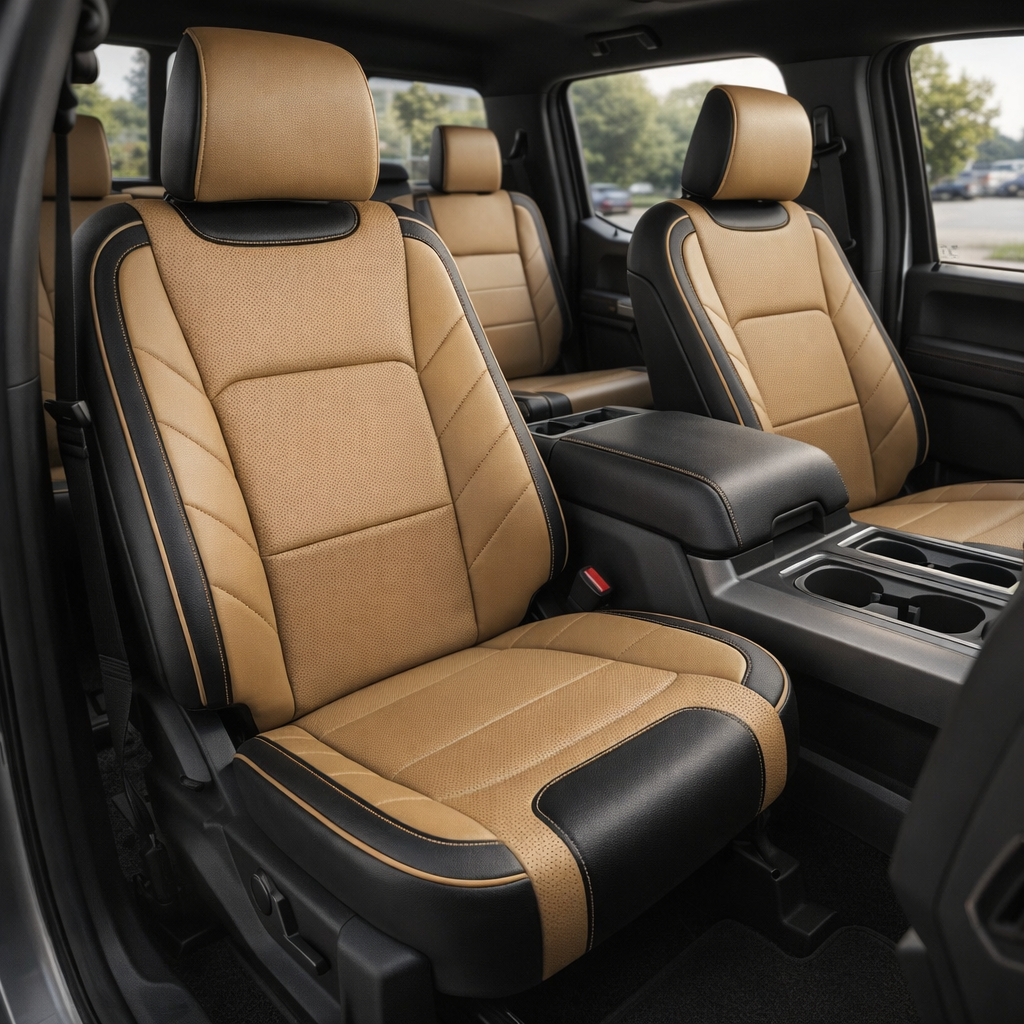 Front in-cabin view of a 2015–2020 Ford F-150 XLT SuperCrew with an installed Leatherteck leather kit featuring Black and Bisque Beige two-tone upholstery, Bisque Beige perforated center inserts, black accent panels, and detailed contrast stitching.