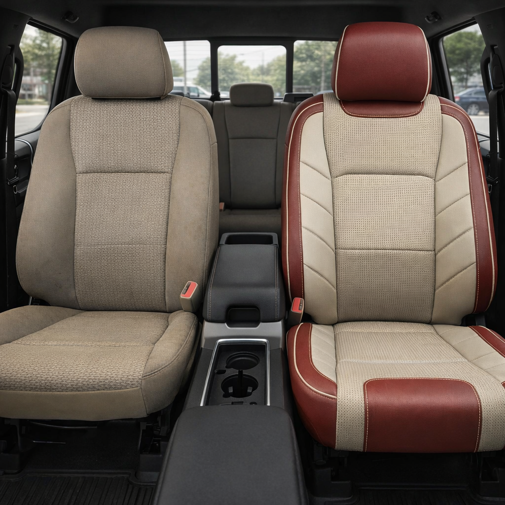Before-and-after front in-cabin view of a 2015–2020 Ford F-150 XLT SuperCrew split side-by-side: the left front seat shows the factory tan cloth upholstery, while the right front seat shows the upgraded Leatherteck leather kit in Medium Red, Alabaster, and Java Brown two-tone, with contrast stitching, center console, cupholders, rear bench seat, headrests, seatbelt buckles, rear window, and black floor mats visible.