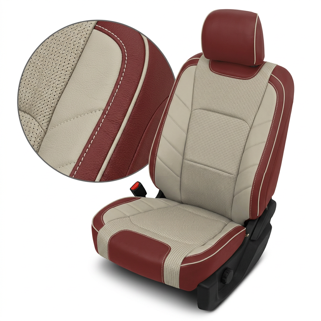 Close-up product image of a 2015–2020 Ford F-150 XLT SuperCrew Leatherteck leather upholstery kit in Medium Red, Alabaster, and Java Brown two-tone, featuring perforated Alabaster center inserts, Medium Red outer bolsters, contrast stitching, and accent piping, shown on a white background with a circular zoom inset highlighting the leather grain, perforation pattern, panel seams, and stitched edge detail.
