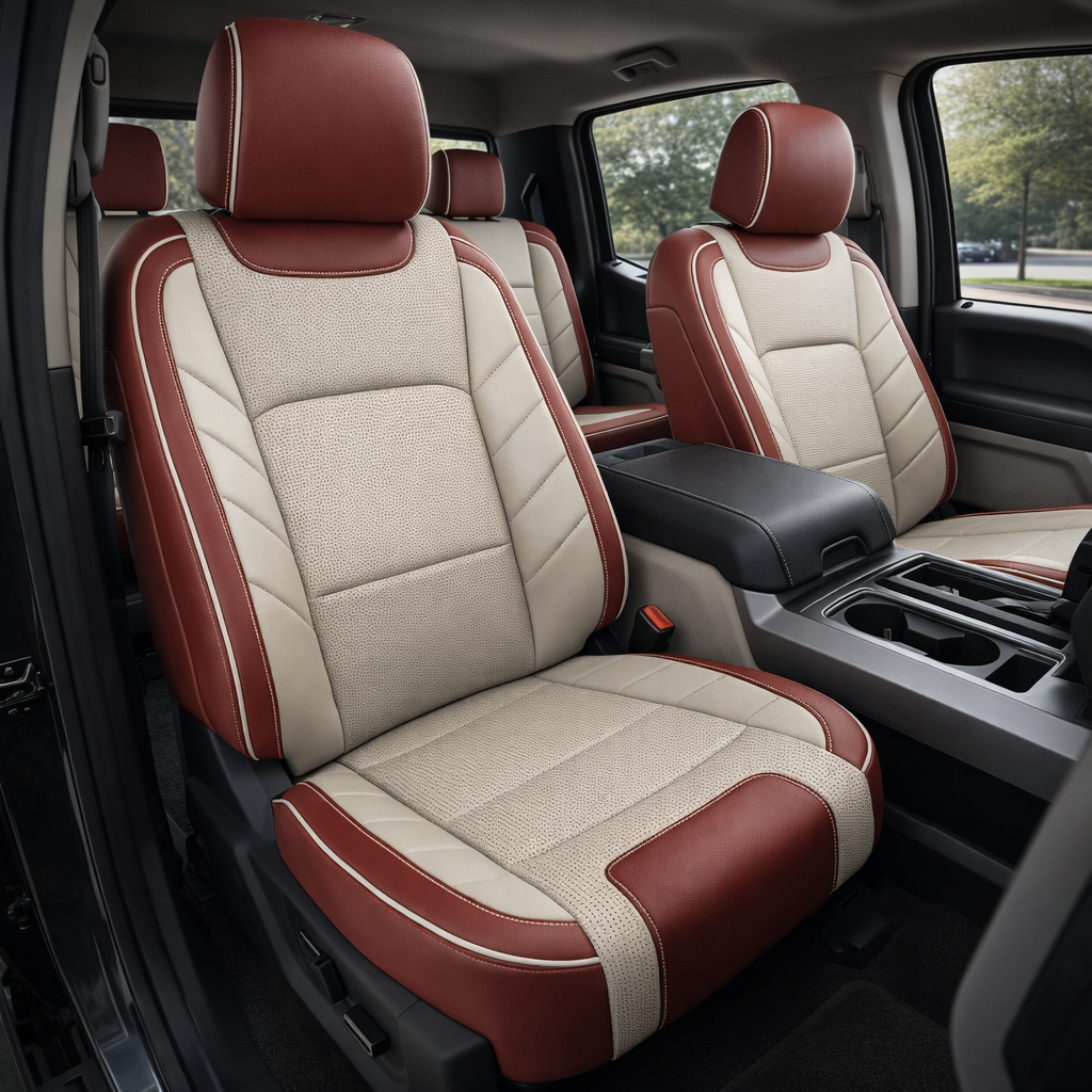 Front in-cabin view of a 2015–2020 Ford F-150 XLT SuperCrew with an installed Leatherteck leather upholstery kit in Medium Red, Alabaster, and Java Brown two-tone, featuring perforated center inserts, contrast stitching, matching headrests, front bucket seats, rear bench seat, center console/armrest, cupholders, door panel, seat controls, and black floor mats visible.