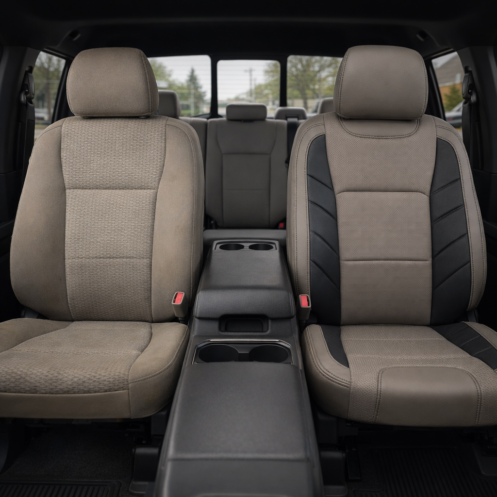  Before-and-after front in-cabin view of a 2015–2020 Ford F-150 XLT SuperCrew split by seats: the left front seat shows the factory beige cloth upholstery, while the right front seat shows the upgraded Leatherteck leather kit in Stone leather with black accent panels, perforated Stone center inserts, and black stitching. The image also shows the center console with cupholders, rear bench seat, headrests, seatbelt buckles, rear window, and black floor mats inside the truck cabin.
