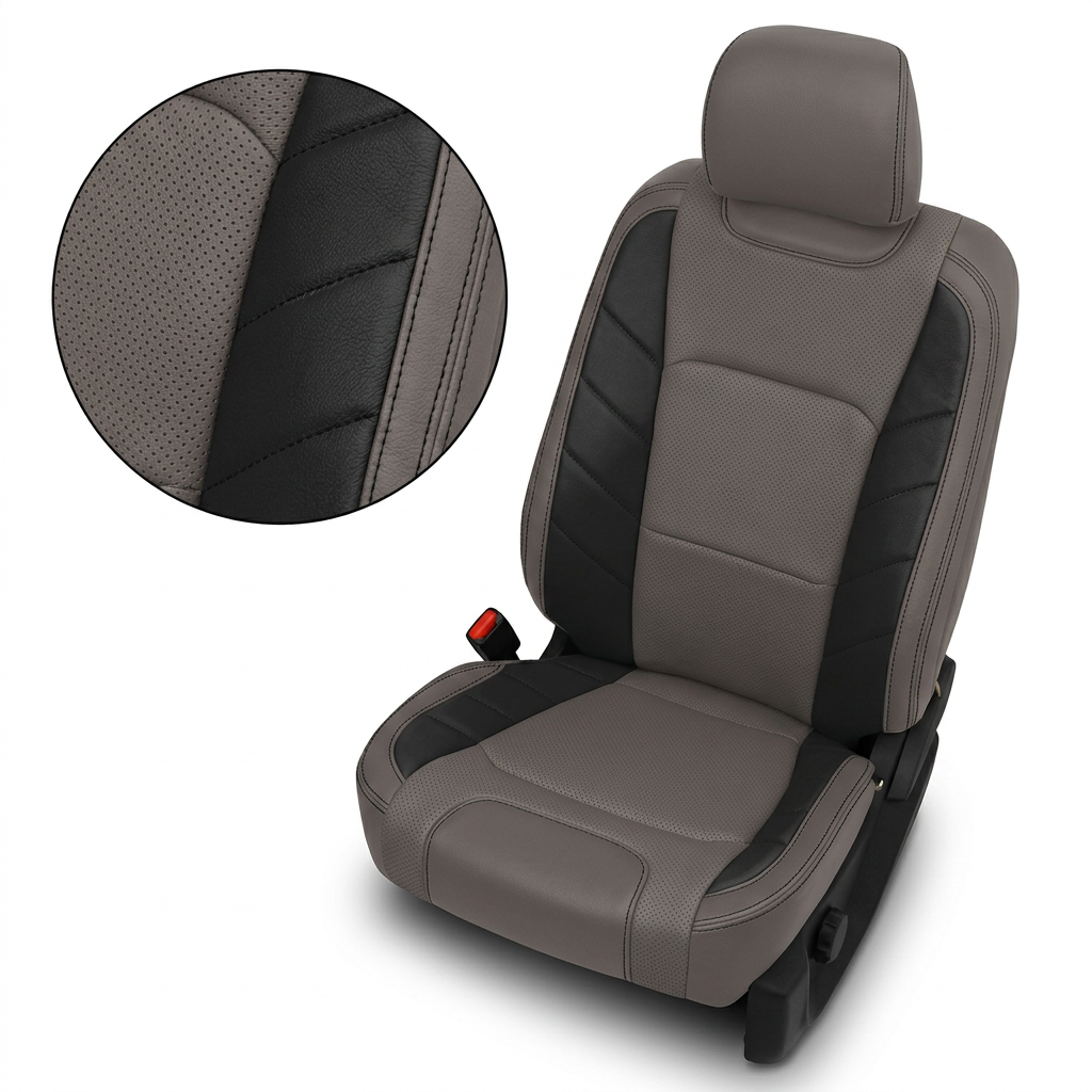  Close-up product image of a 2015–2020 Ford F-150 XLT SuperCrew Leatherteck leather kit featuring Stone leather, black accent panels, perforated Stone center inserts, and black stitching. The seat is shown on a white background with a circular zoom inset highlighting the Stone perforation pattern, black leather grain, stitched seam detail, and two-tone panel construction.