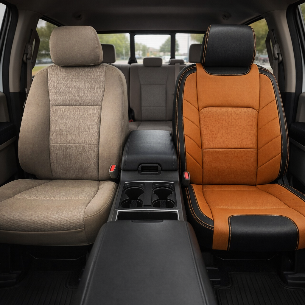 Before-and-after front in-cabin view of a 2015–2020 Ford F-150 XLT SuperCrew split by the front seats: the left side shows the factory tan cloth upholstery, while the right side shows the upgraded Leatherteck leather upholstery kit in black and Autumn featuring perforated Autumn inserts and Autumn stitching, with the upgraded black leather center console armrests, rear seats, and rear window visible in the background.