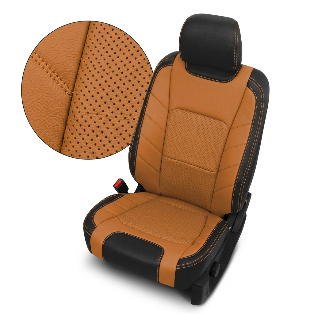 Close-up product image of a 2015–2020 Ford F-150 XLT SuperCrew Leatherteck leather upholstery kit in black and Autumn featuring perforated Autumn inserts and Autumn stitching, shown on a white background with a circular zoom inset in the top-left corner highlighting the leather grain, perforation pattern, and Autumn double-stitched seam detail.