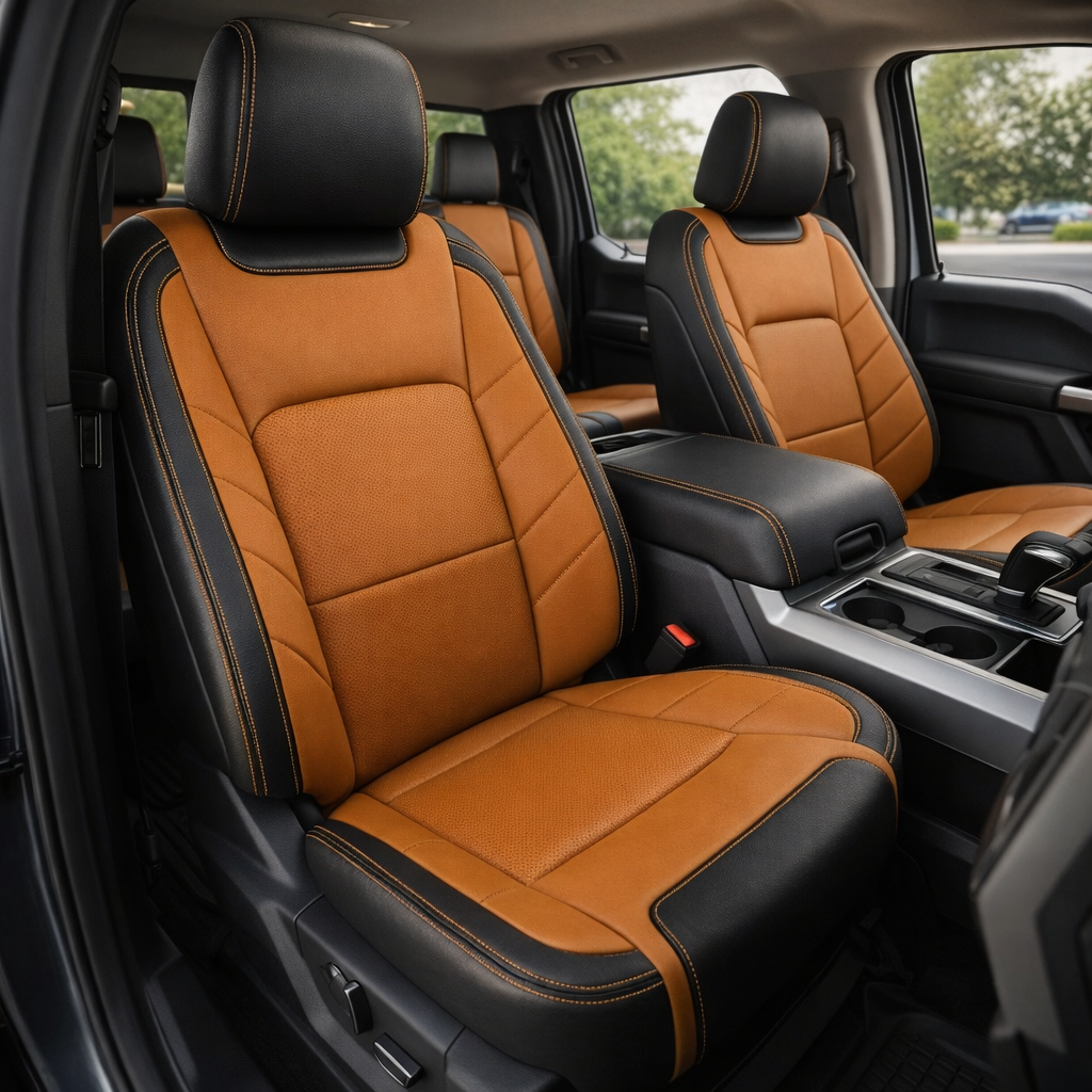 Front in-cabin view of a 2015–2020 Ford F-150 XLT SuperCrew with an installed Leatherteck leather upholstery kit in black and Autumn featuring perforated Autumn inserts and Autumn stitching. The view showcases the upgraded driver and passenger bucket seats with headrests, the matching black leather-wrapped center console armrest with contrasting Autumn stitching, the center console area with cupholders and gear shifter, and the upgraded rear seats visible in the background.