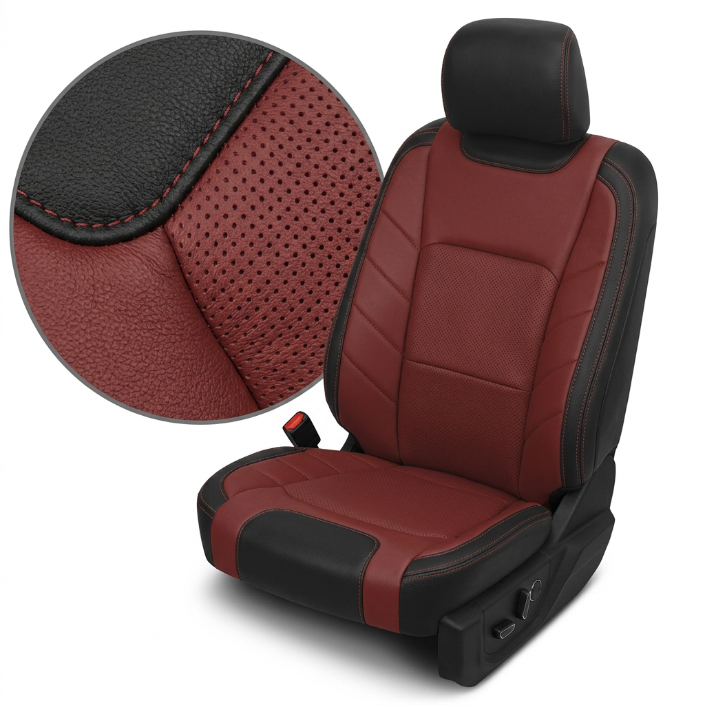 Close-up product image of a 2015–2020 Ford F-150 XLT SuperCrew Leatherteck leather upholstery kit in black and Medium Red featuring perforated red inserts and red contrast stitching, shown on a white background with a circular zoom inset highlighting the leather grain, perforation pattern, and red double-stitched seam detail.