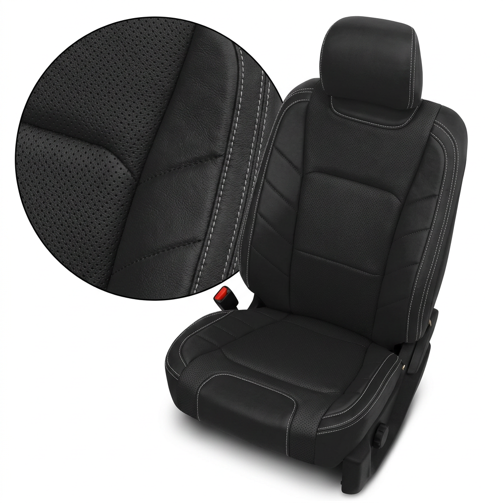 Close-up product image of a 2015–2020 Ford F-150 XLT SuperCrew Leatherteck leather upholstery kit in black, featuring a perforated body design and silver contrast stitching, shown on a white background with a circular zoom inset highlighting the black perforated leather texture, smooth leather grain, and double-stitched silver seam detail.