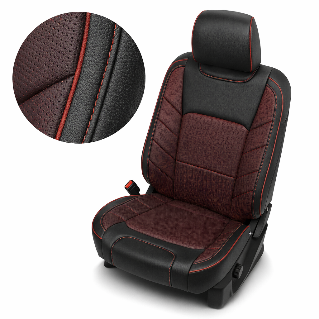  Close-up product image of a 2015–2020 Ford F-150 XLT SuperCrew Leatherteck leather upholstery kit in black with red square-perforated inserts, Medium Red stitching, and Medium Red piping, shown on a white background with a circular zoom inset highlighting the leather grain, square perforation pattern, stitched seams, and piping detail.